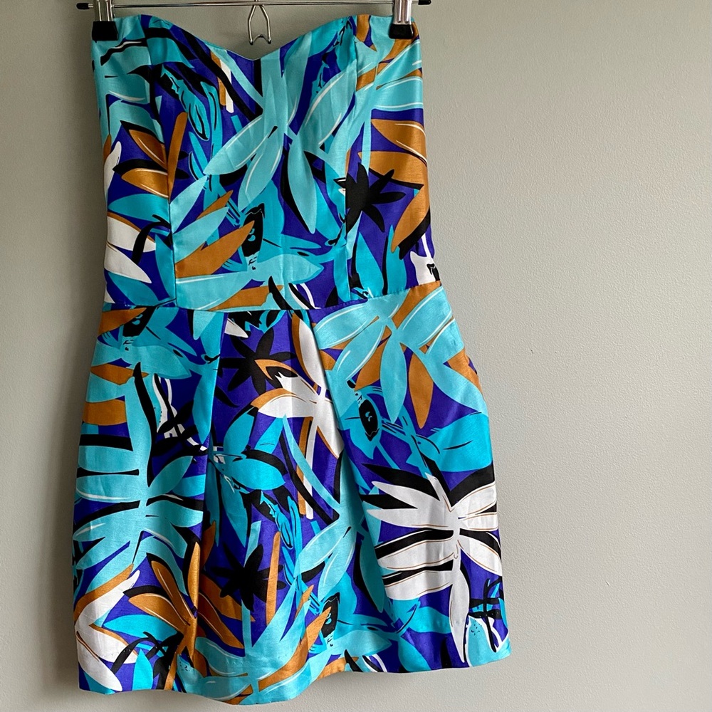 Rubber Ducky Productions strapless tropical print mini dress S.